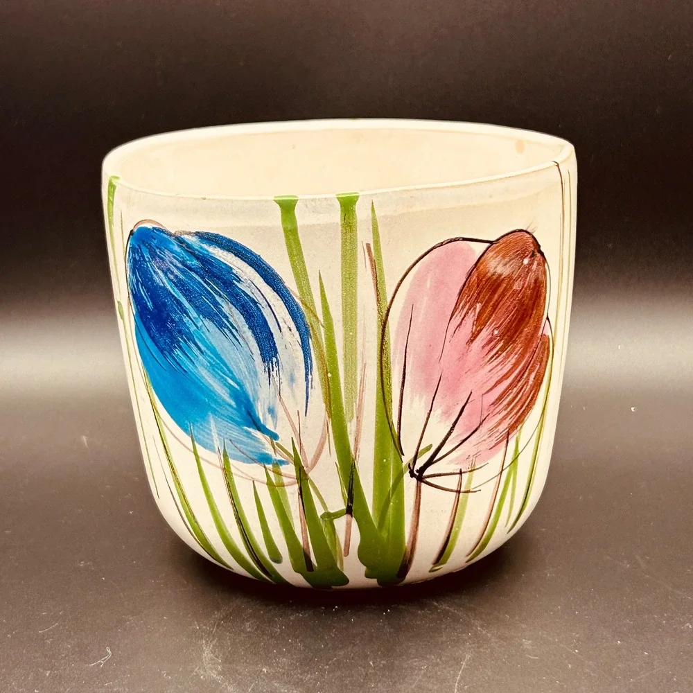 VTG Made Italy Hand Painted Ceramic Planter MC Floral Crocus Tulip Cachepot Pot
